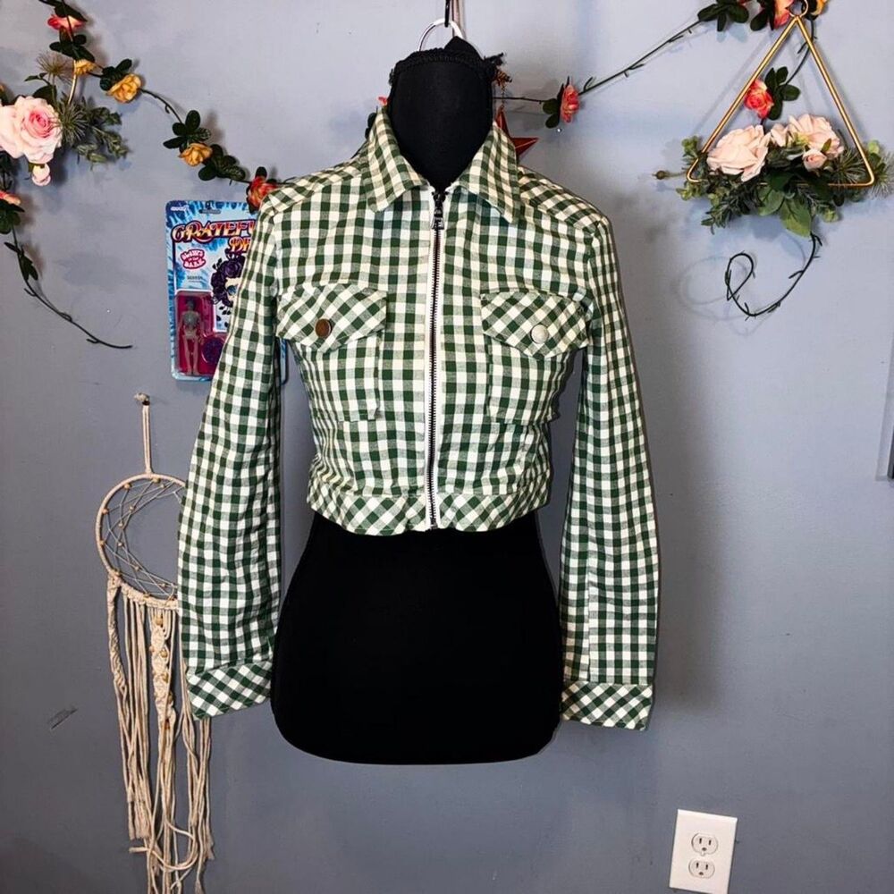 Urban Outfitters Green Gingham Zip-Up Cropped Top Jacket (XS)